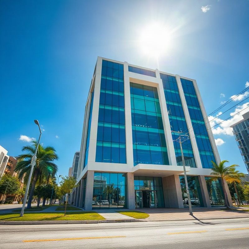 Modern mid-rise office building entrance on Av. Carlos Gomes in Porto Alegre